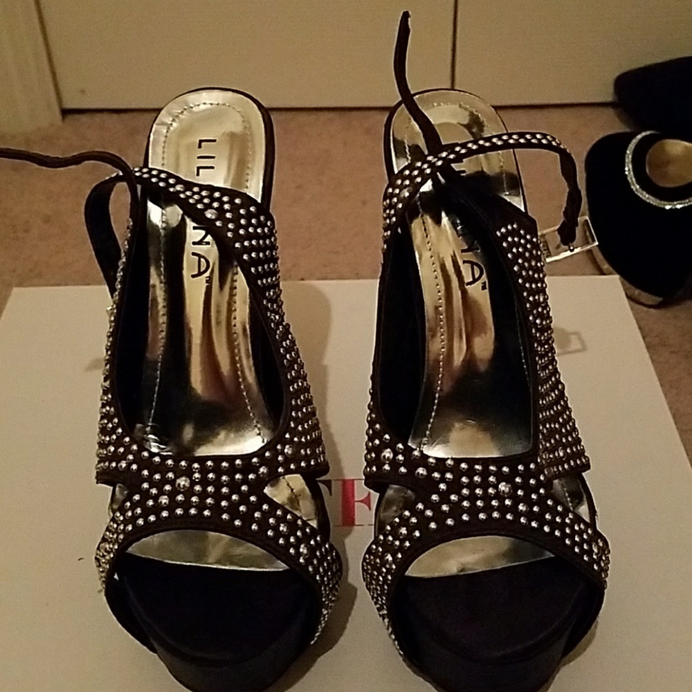 Silver studded open toe heels
